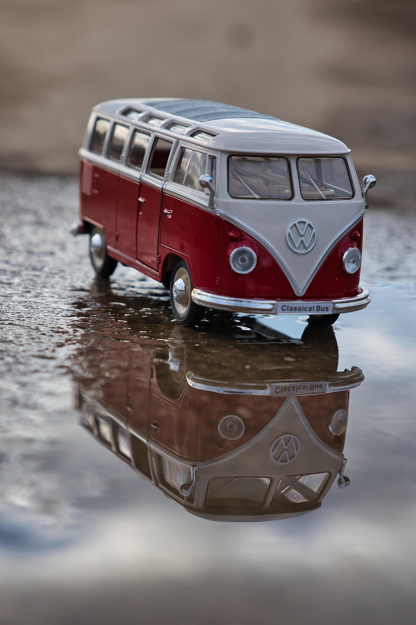 toy, vintage van, volkswagen, automobile, vehicle, reflection, water reflection